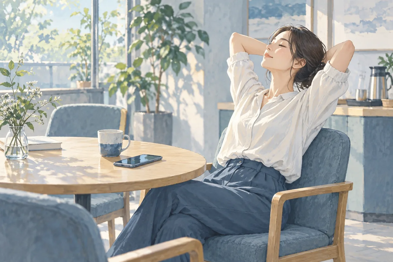 明るい休憩室の椅子と伏せたスマートフォン、コップのイラスト