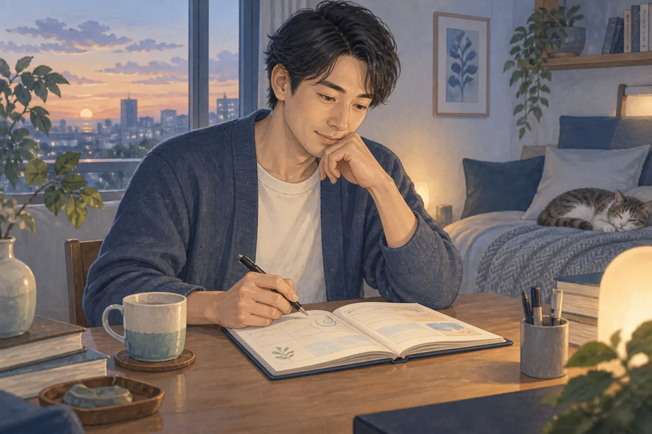 夕方の落ち着いた室内で手帳を開き休息の予定を考える成人男性のイラスト