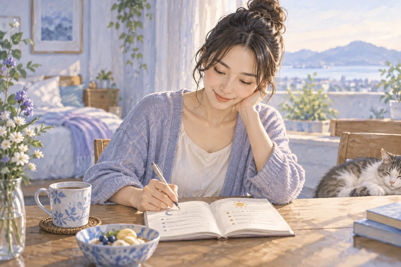 朝、ノートに睡眠の様子を振り返って書く女性のイラスト