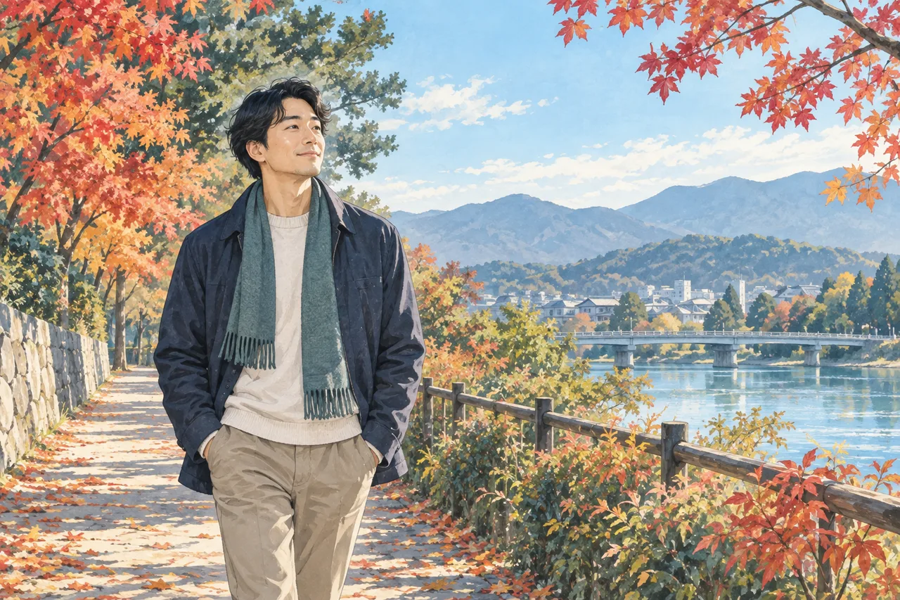 朝の散歩道の紅葉と成人男性