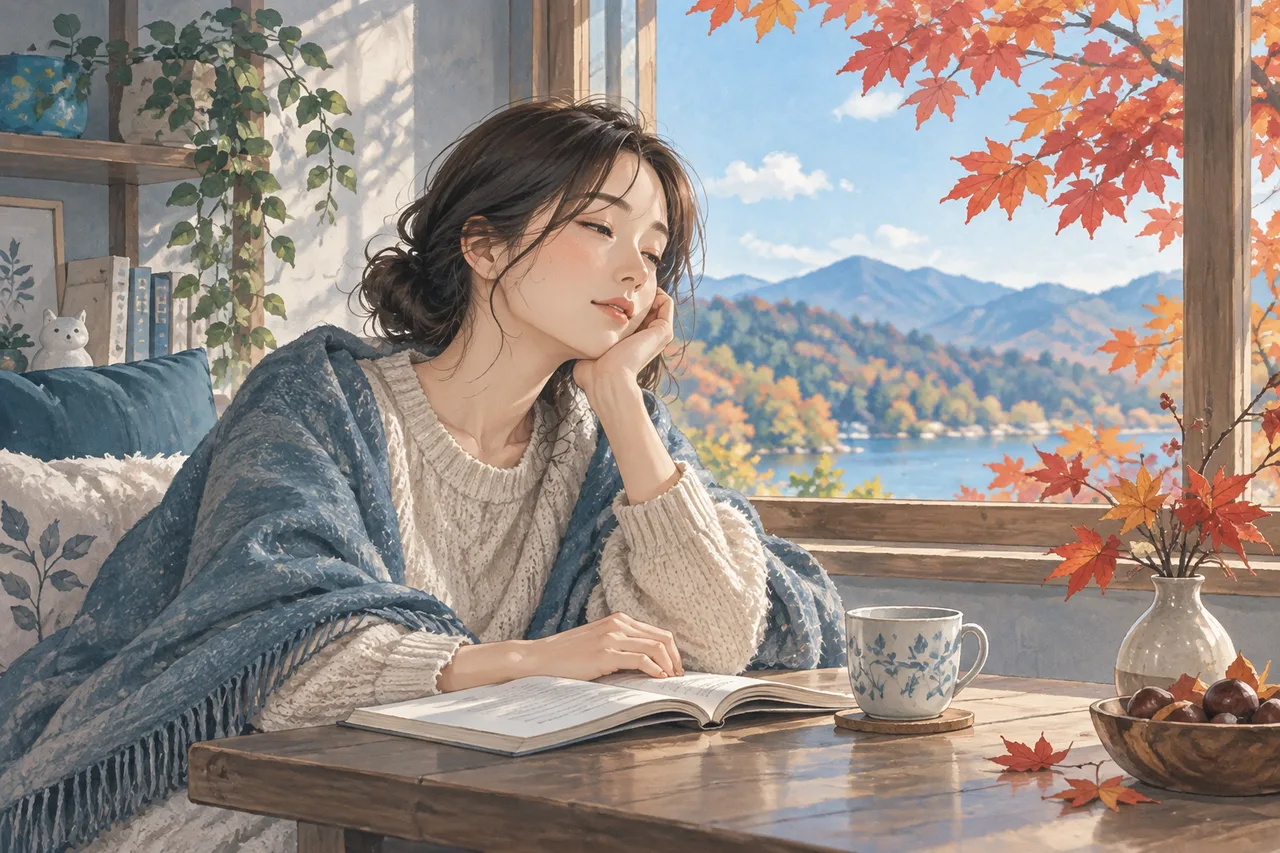 秋の窓辺で少し眠そうな成人女性と紅葉