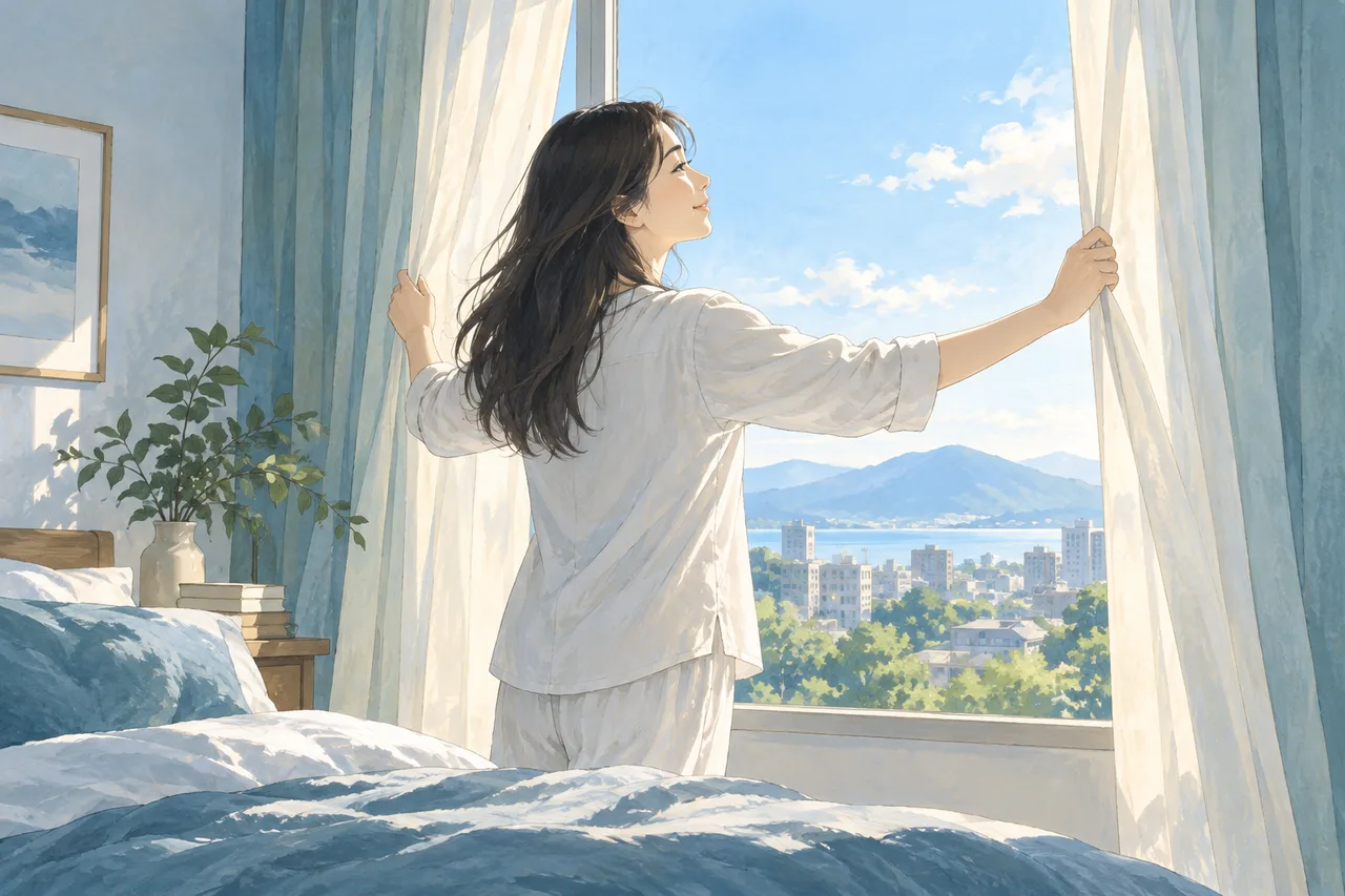 朝のカーテンを開ける女性