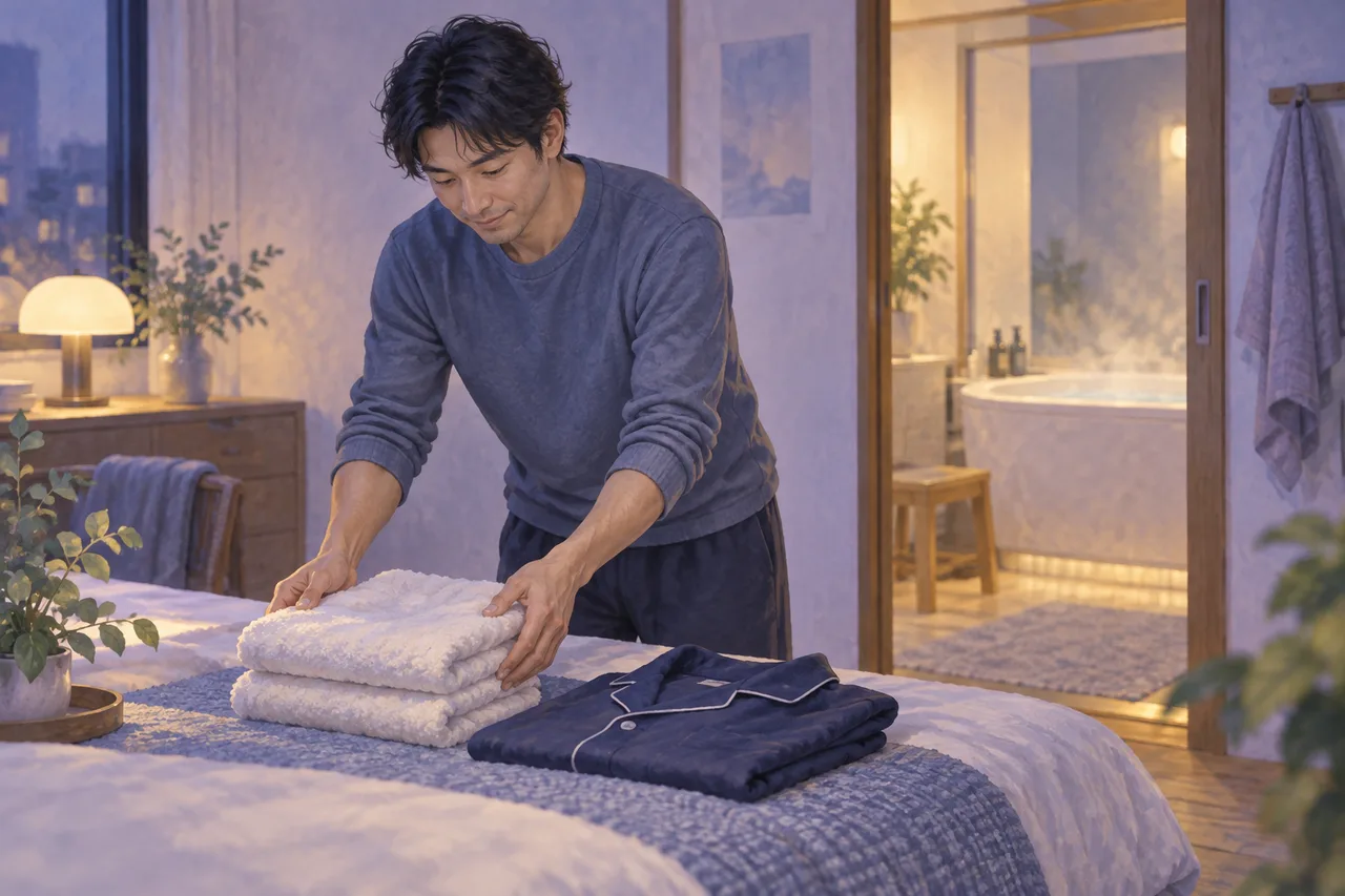 入浴前にタオルと寝衣を用意する男性のイラスト