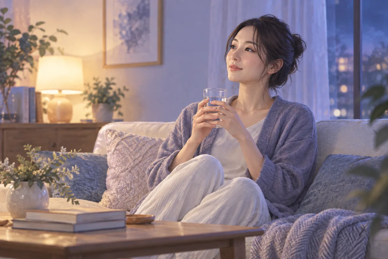 入浴後に椅子でゆっくり過ごす女性のイラスト
