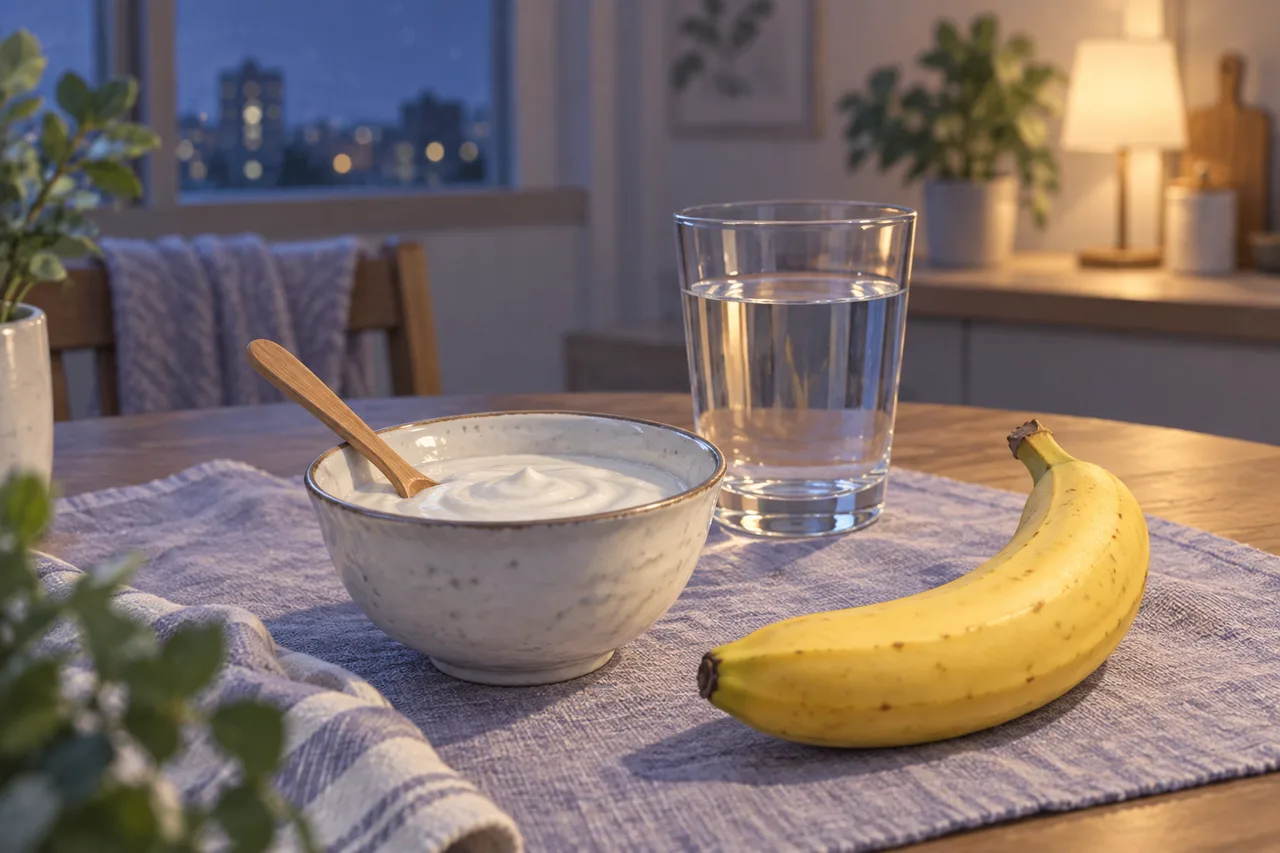 ヨーグルトとバナナを少量用意した食卓のイラスト