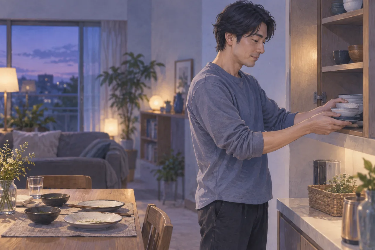 夕食の食器を片づける男性のイラスト