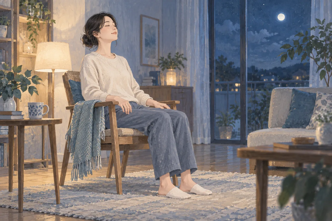 夜の居間で椅子に座り足裏を床につけ、自然に呼吸する成人女性のイラスト