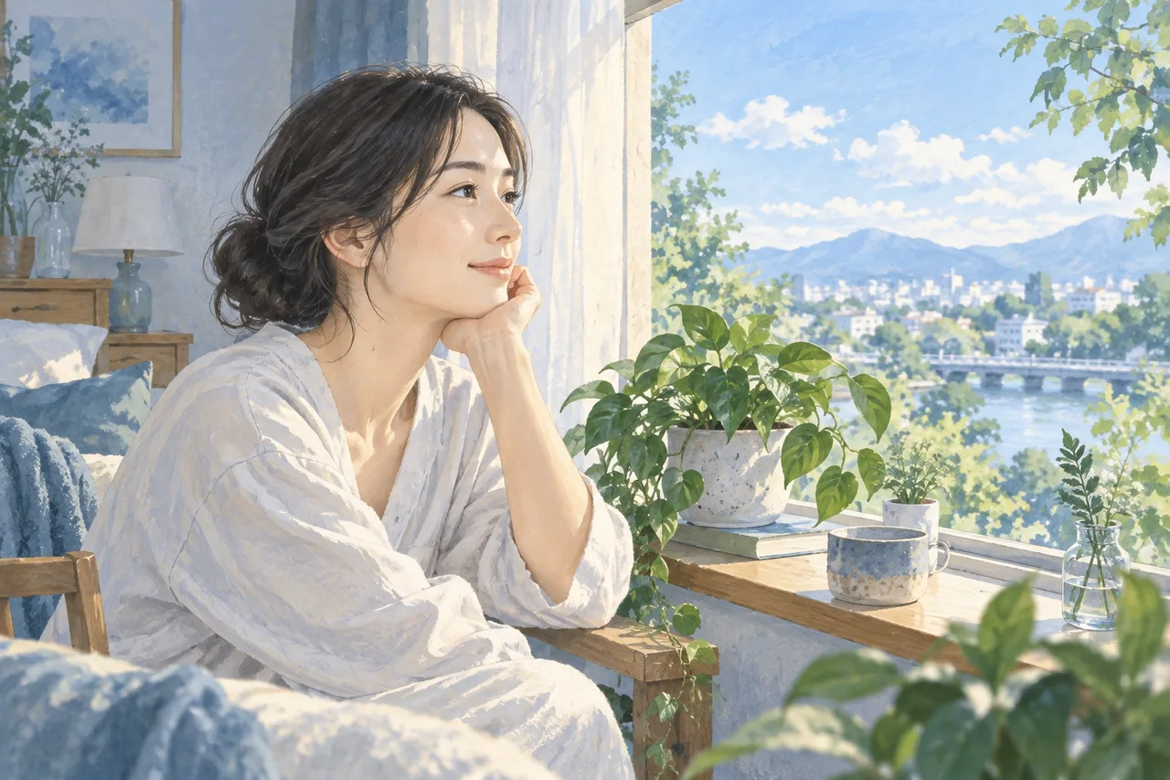 目を開けて窓辺の植物を穏やかに眺め、外の景色に注意を向ける成人のイラスト