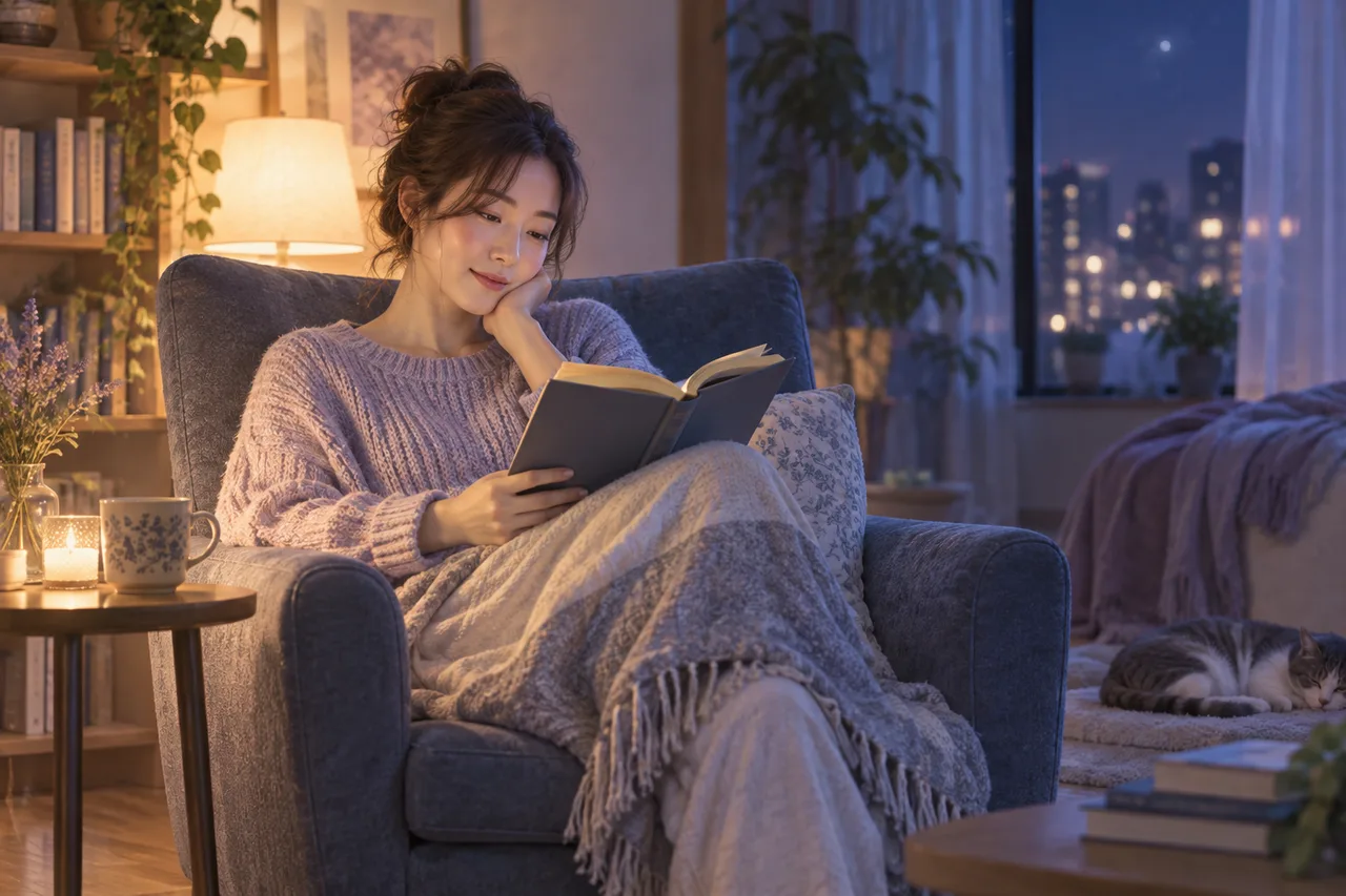 夜の自由時間に読書する女性のイラスト