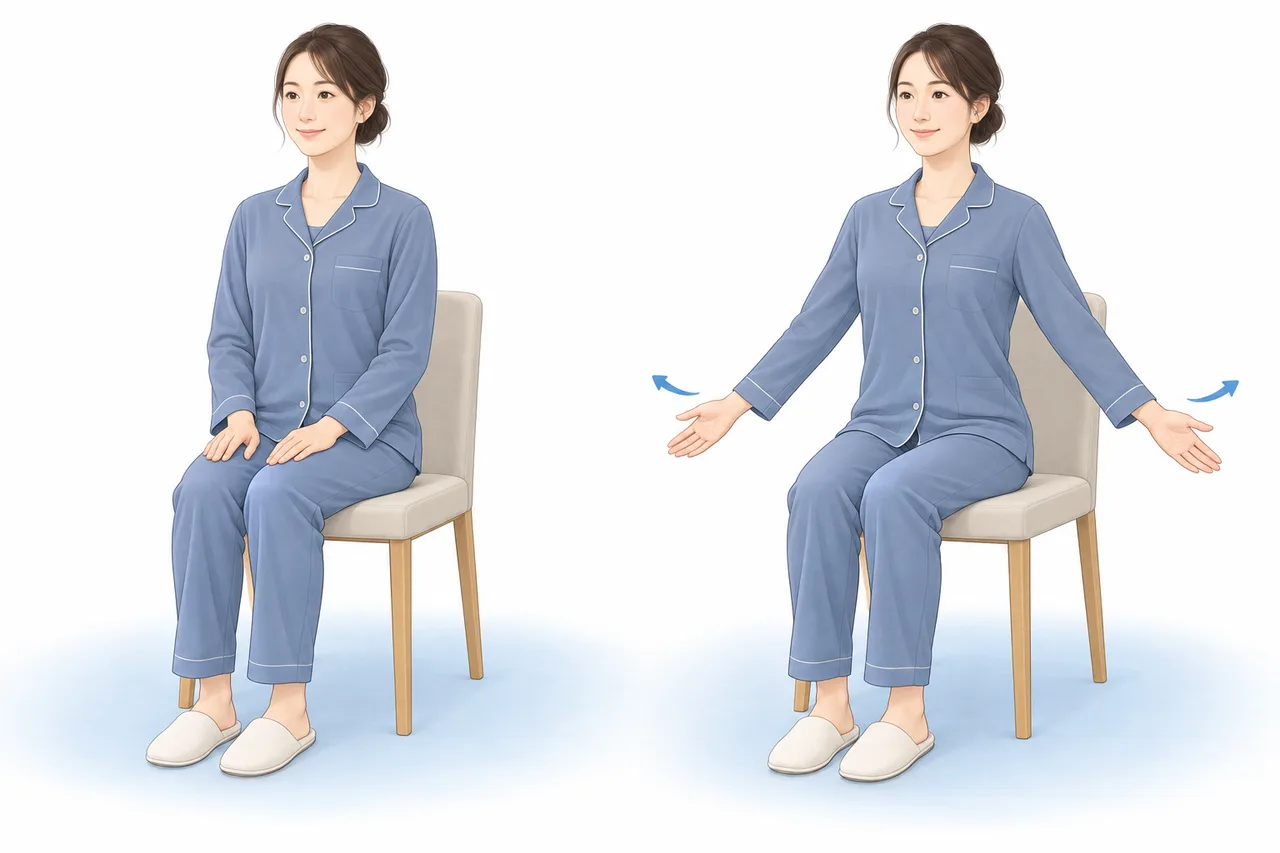 椅子で腕を下ろした姿勢と、腕を低く開き胸の前を軽く伸ばす姿勢を並べたイラスト