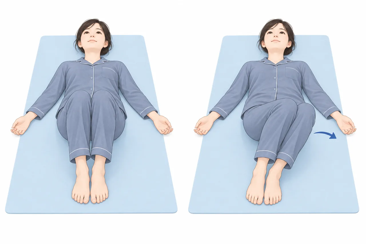 仰向けで両膝を立てた姿勢と、肩を床につけたまま膝を小さく横へ倒す姿勢を並べたイラスト