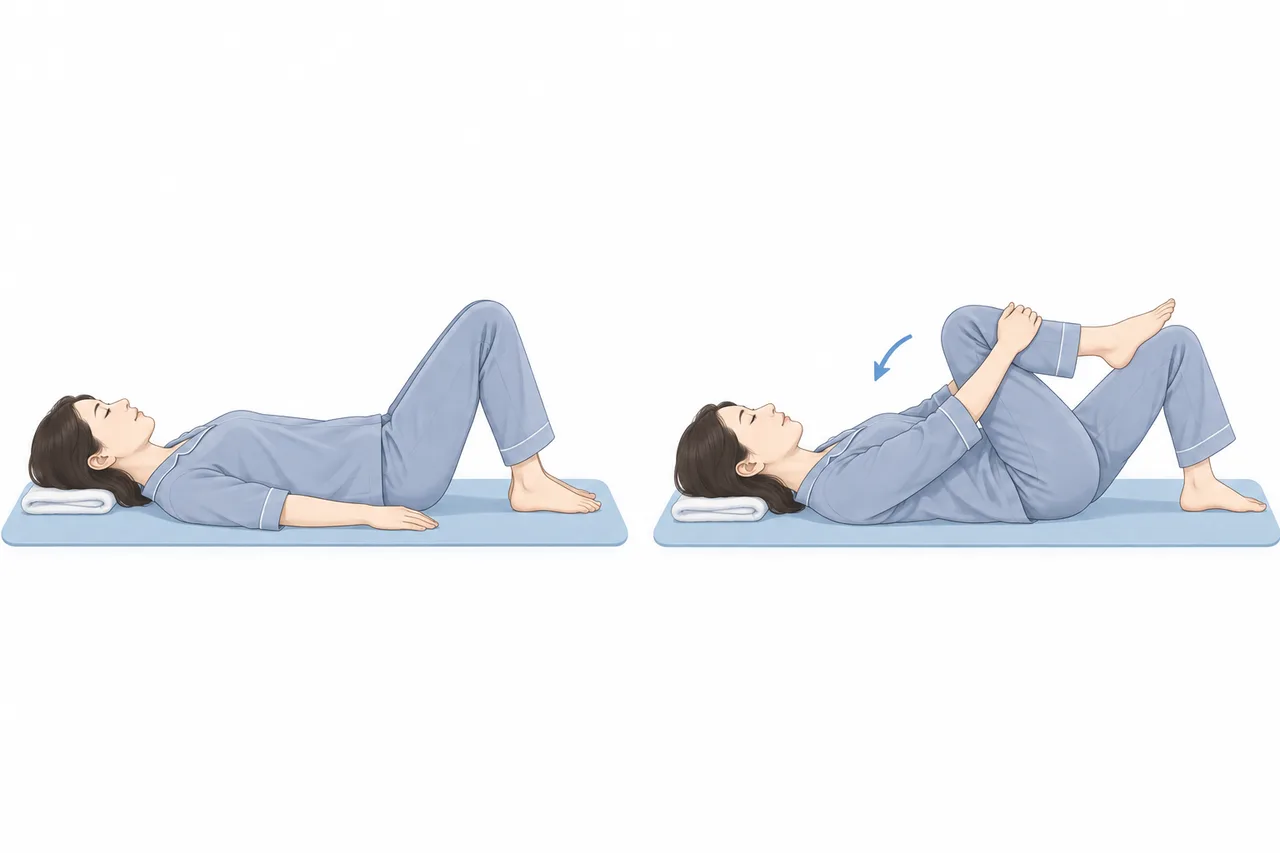 仰向けで両膝を立てた姿勢と、片膝を両手で支えて胸へ近づける姿勢を並べたイラスト