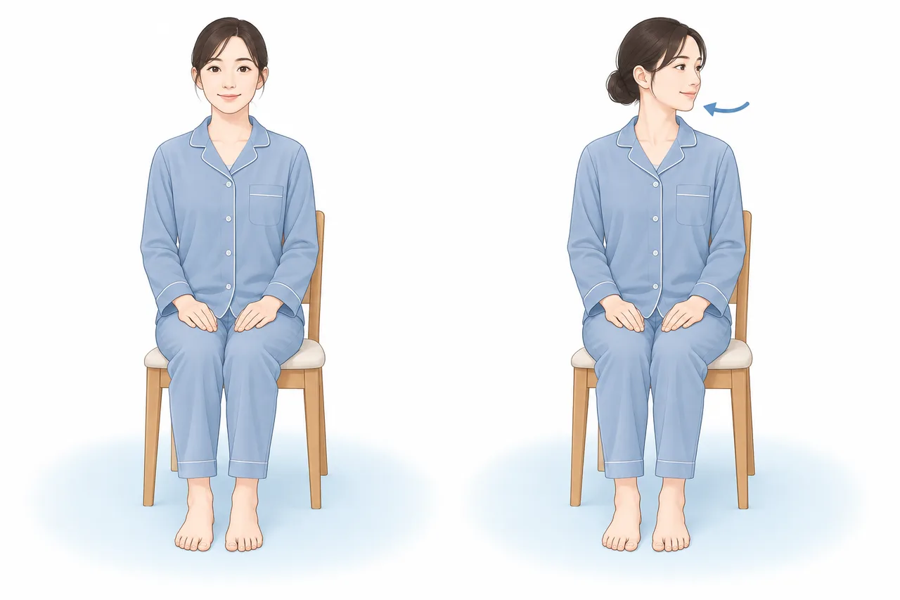 椅子で正面を向く姿勢と、肩を下げたまま首をゆっくり横へ向ける姿勢を並べたイラスト