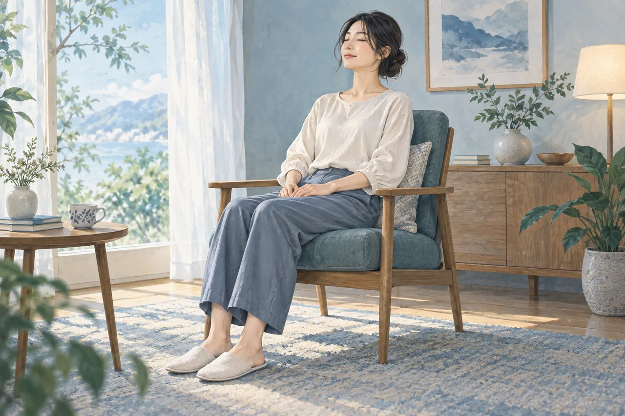背もたれのある椅子で両足を床につけ肩の力を抜く女性