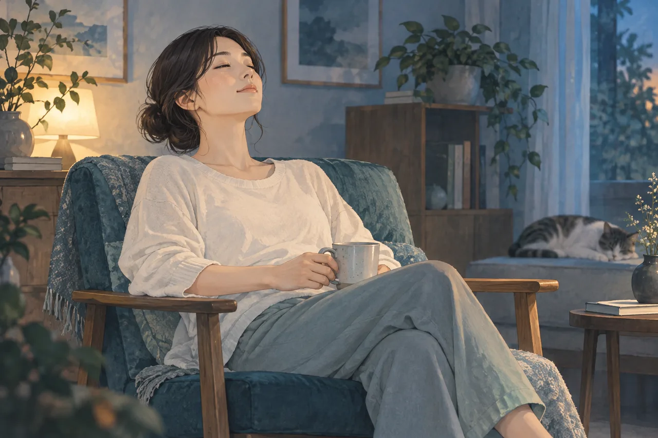 明る過ぎない部屋の椅子で、肩を力ませず休む成人