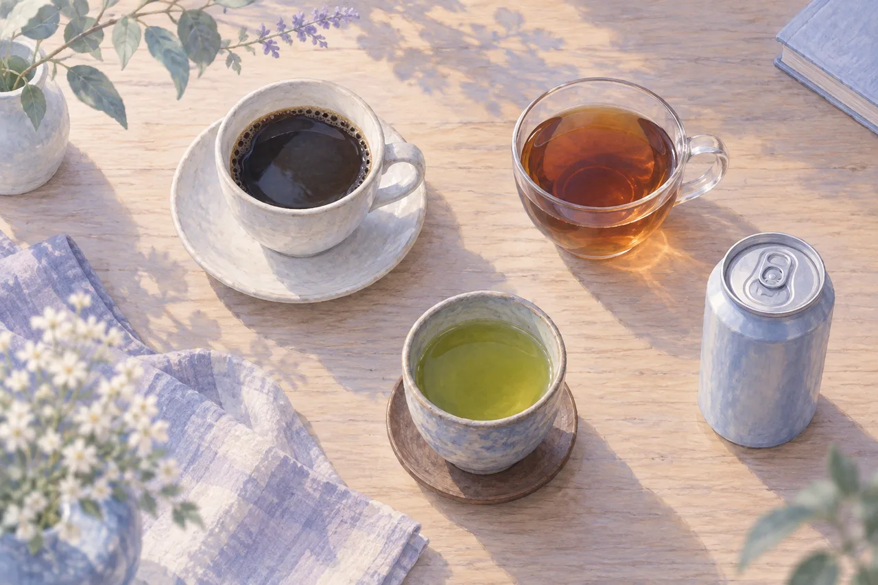 コーヒーやお茶など、さまざまな飲み物を並べたイラスト