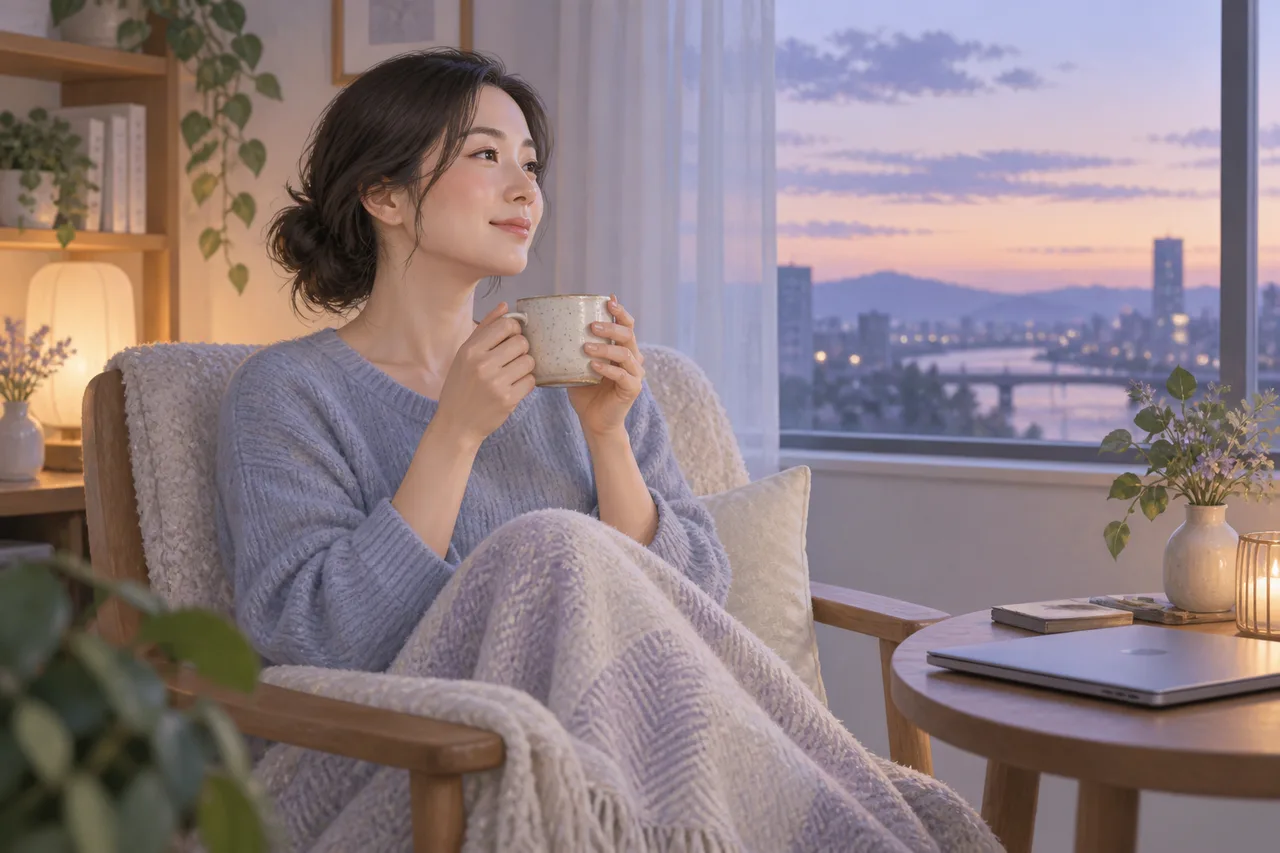 パソコンを閉じ、窓辺で温かい飲み物を手に休憩する女性のイラスト
