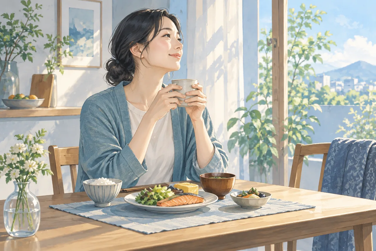 朝の光を受けて食卓につく成人