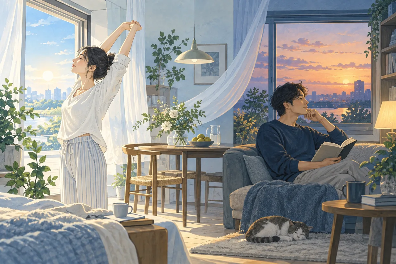 朝の窓と夕方の窓を柔らかくつなぐ生活風景