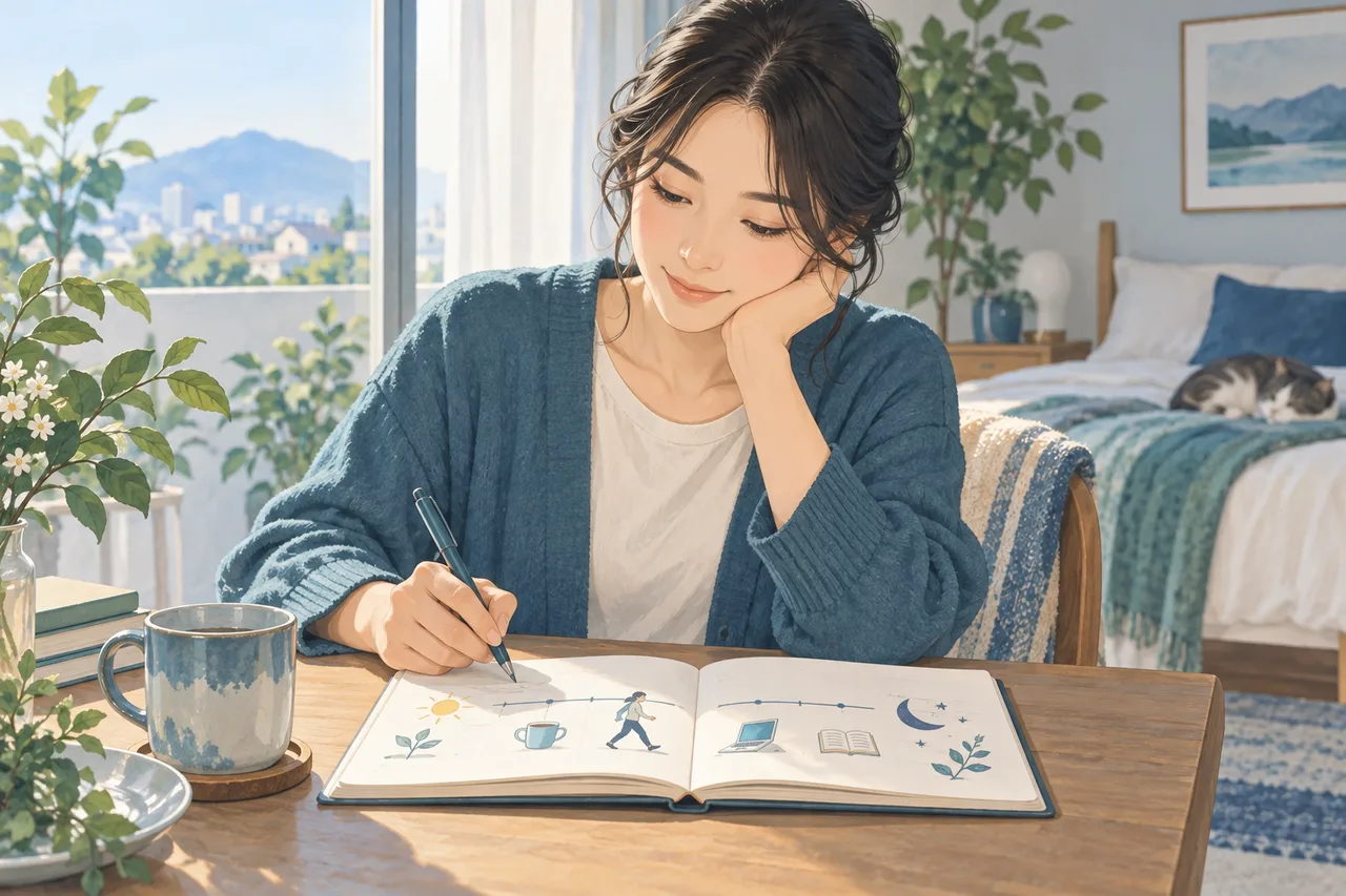 自分の生活リズムをノートで整理する成人