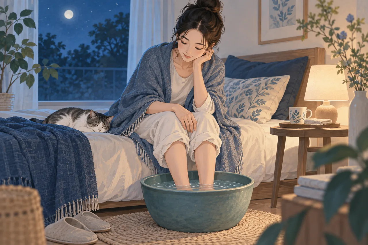 就寝前に足湯をする成人、熱い湯ではない