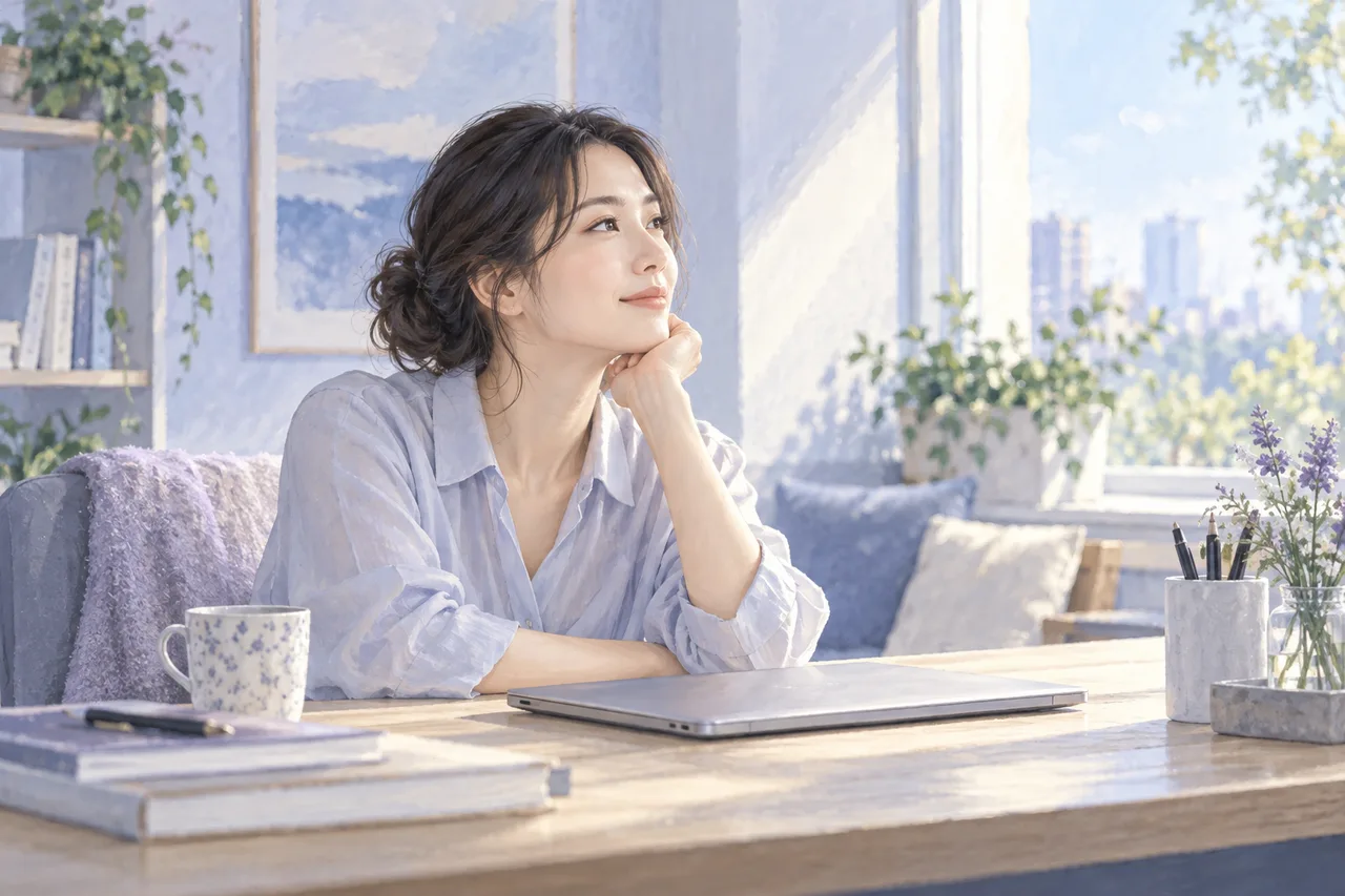 昼間の仕事の手を止め、状況を振り返る女性のイラスト