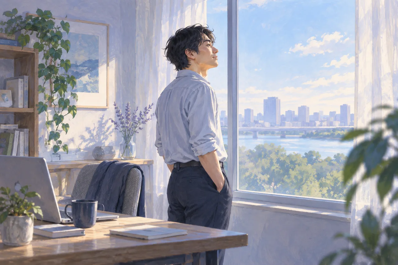 仕事の合間に窓辺へ立って休憩する男性のイラスト