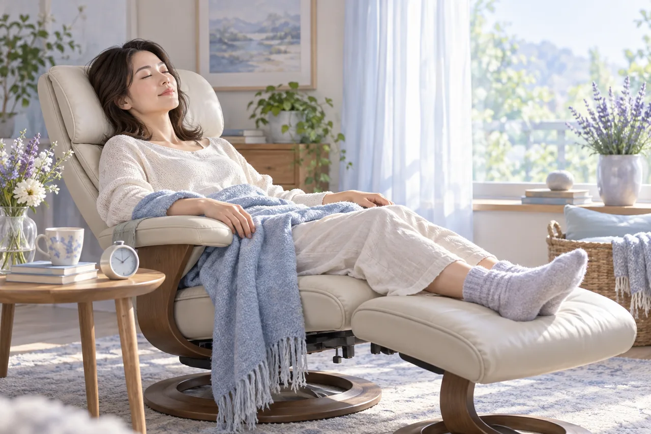 昼間の静かな部屋で、背もたれのある椅子に体を預けて休む女性のイラスト