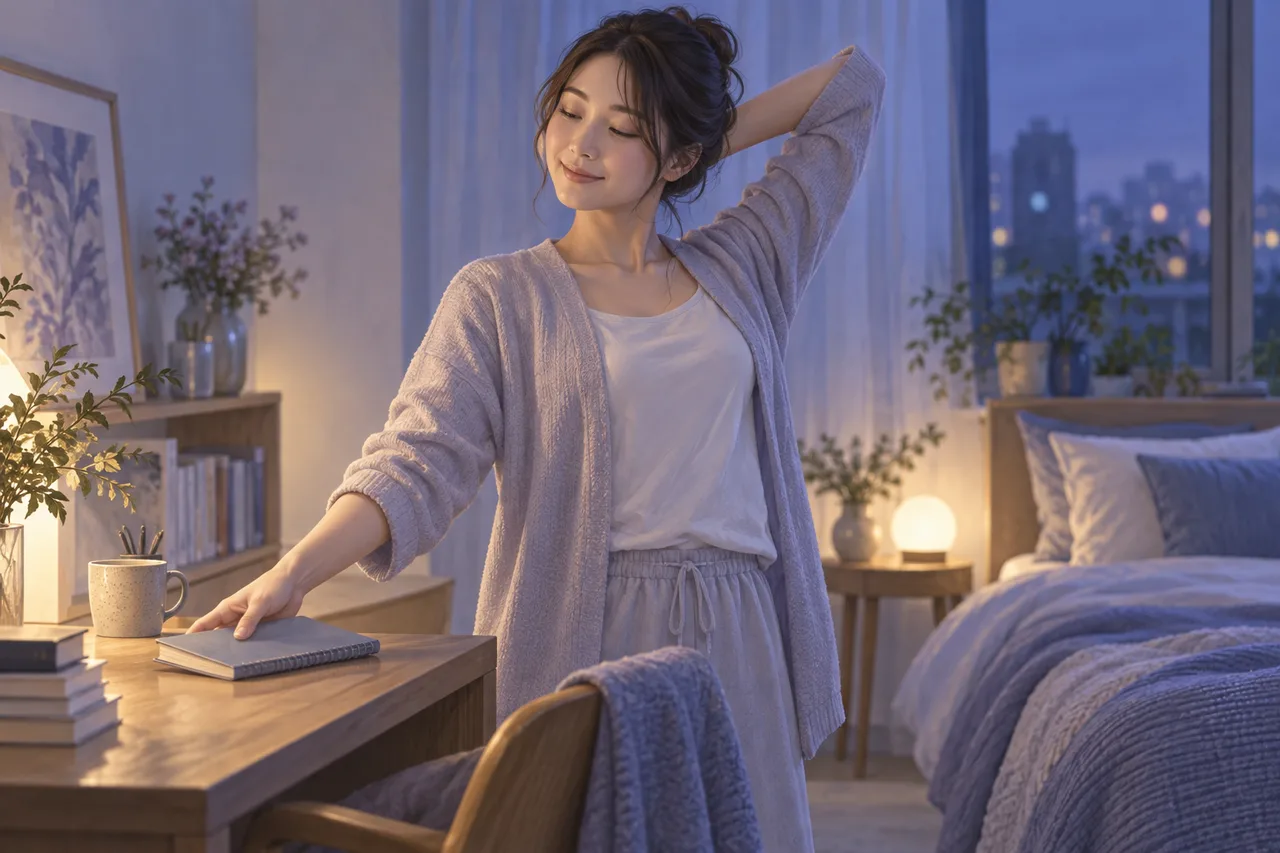 夜の用事を終えてくつろぐ女性のイラスト