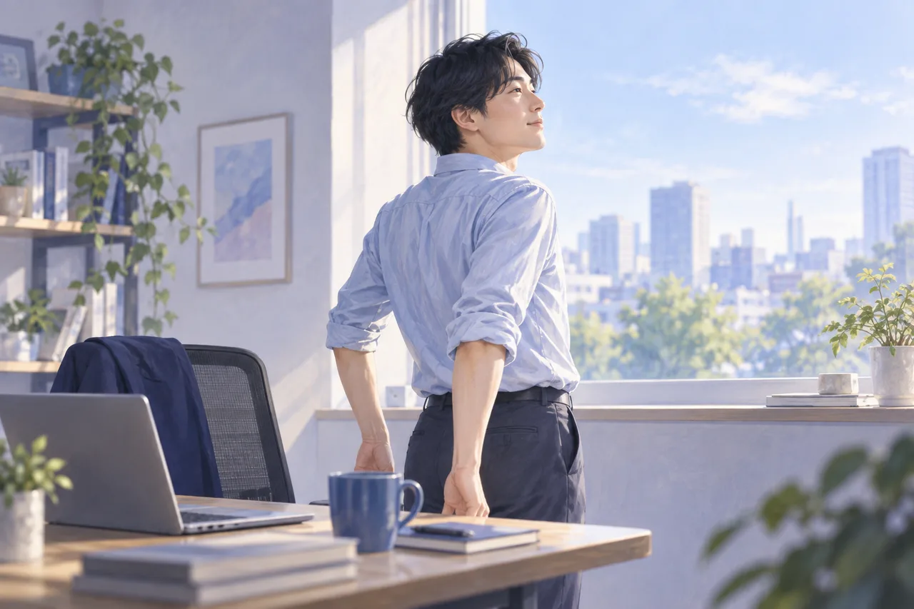 仕事の合間に窓辺で休む男性のイラスト