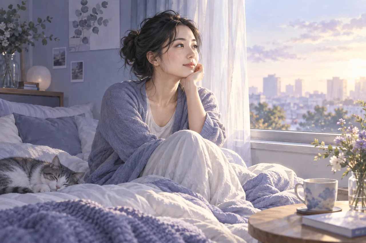 目覚めた後に窓辺で過ごす女性のイラスト