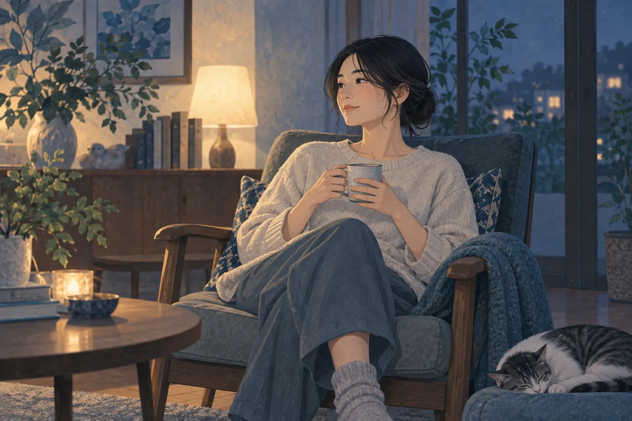 薄暗い居間の椅子で落ち着いて過ごす成人
