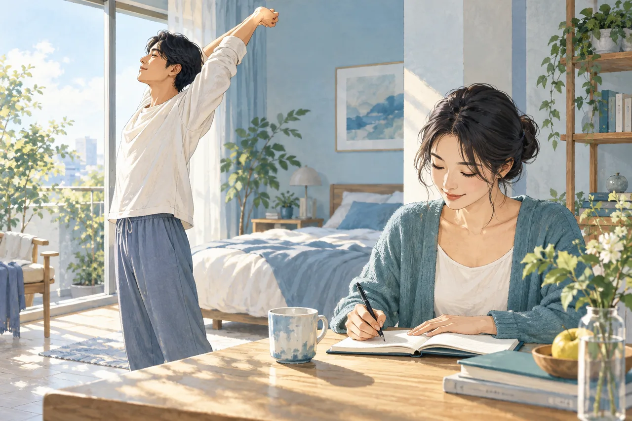 朝の光が入る部屋で生活を見直す成人
