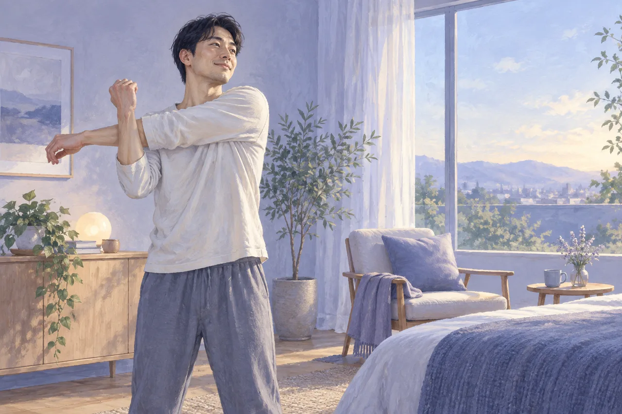 室内で肩をゆっくり動かし、軽く体をほぐす男性のイラスト