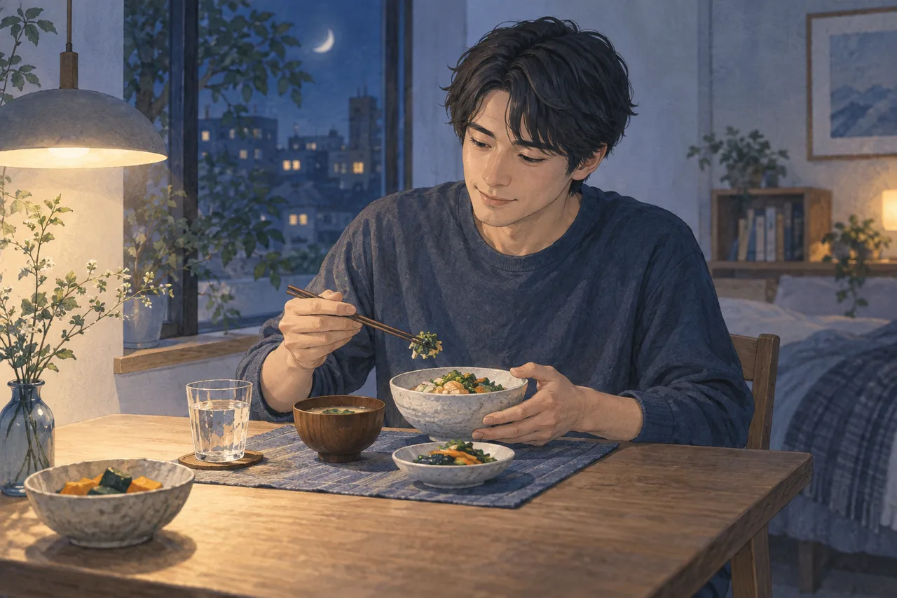 夜の小さな食卓で軽い食事をする成人男性、落ち着いた雰囲気のイラスト