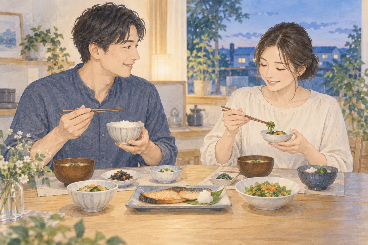 家庭の夕食、少量のご飯と魚、野菜、小鉢を明るい食卓に並べたイラストのイラスト
