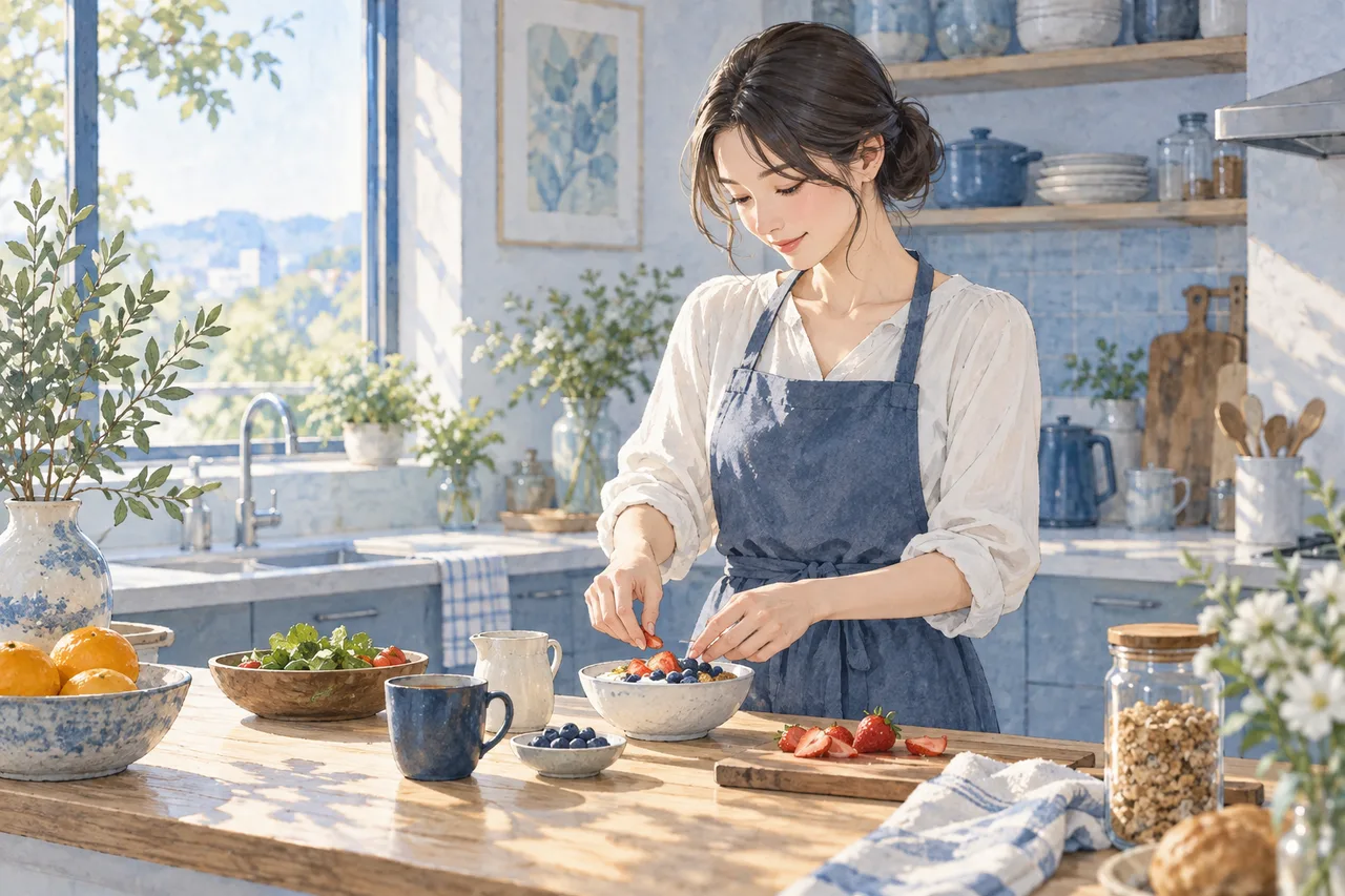 朝の自然光が入る台所で簡単な朝食を用意する成人女性のイラスト