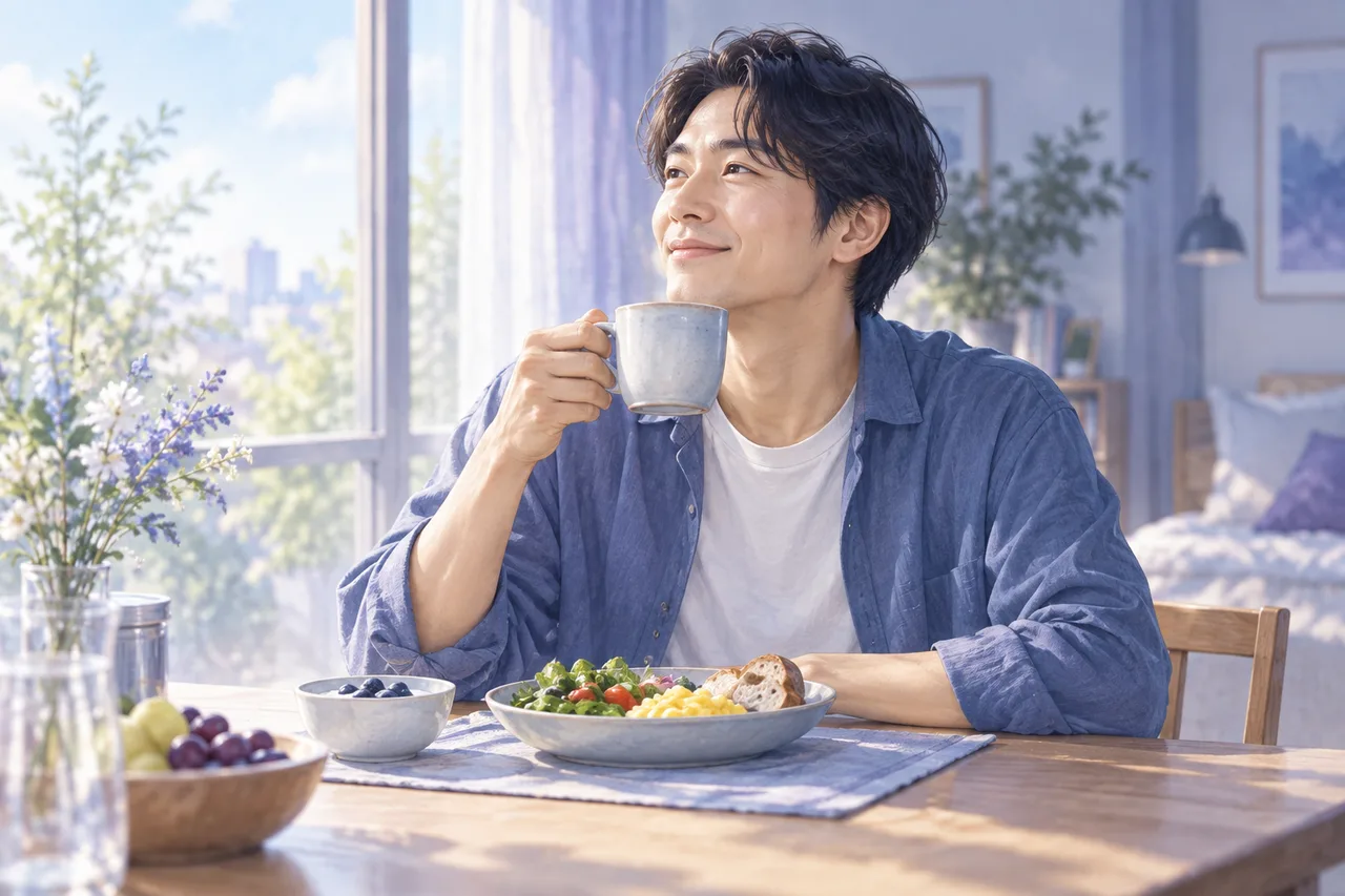 窓辺で朝食を取る男性のイラスト