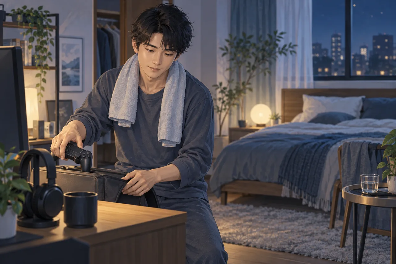 ゲームを終えて寝る支度をする男性