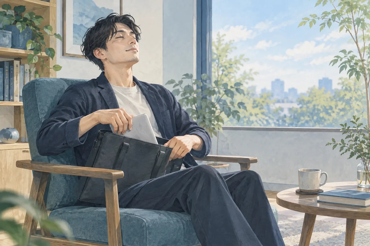 端末をかばんにしまい椅子で休む男性
