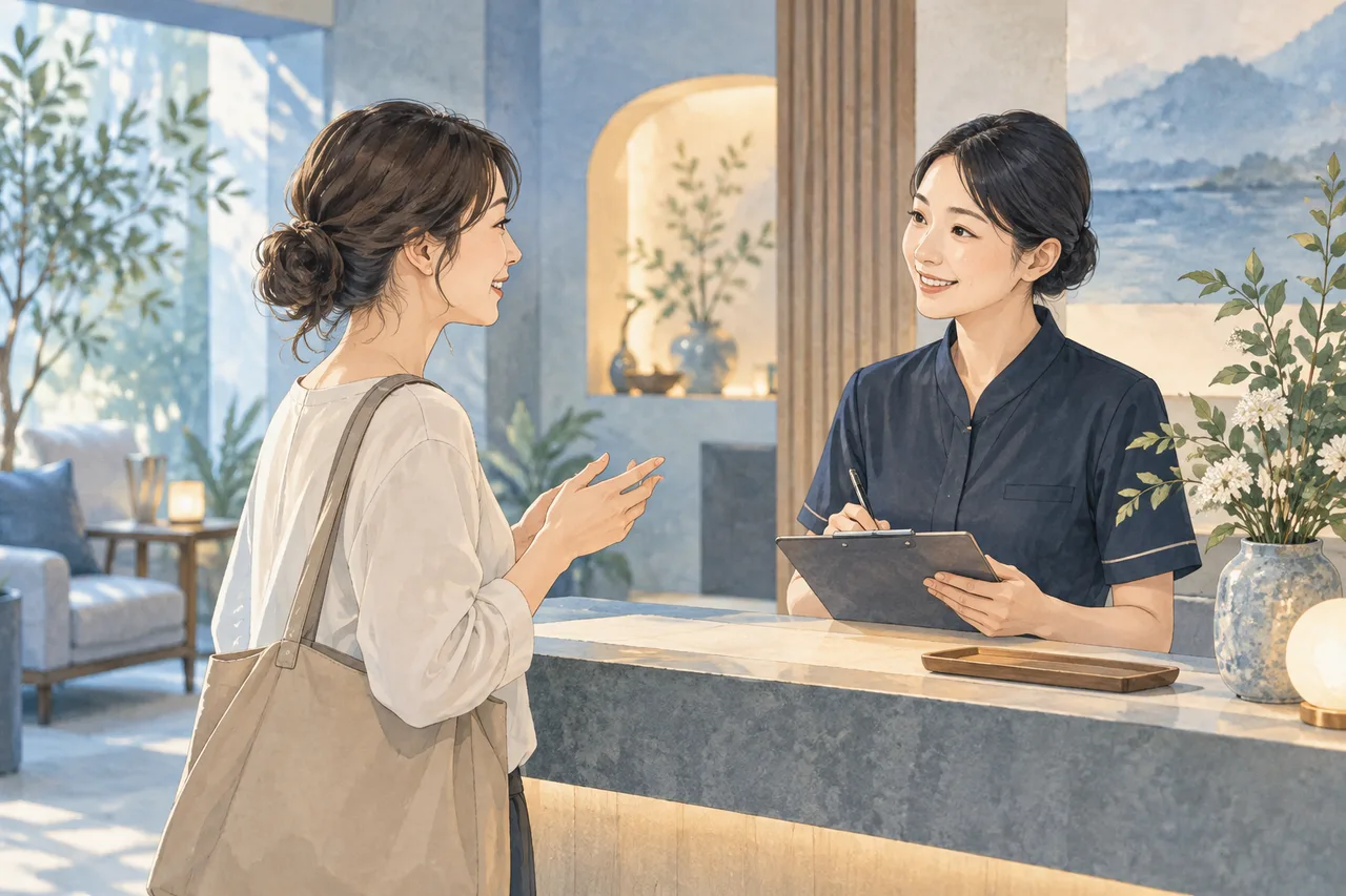 受付でスタッフへ希望を伝える女性