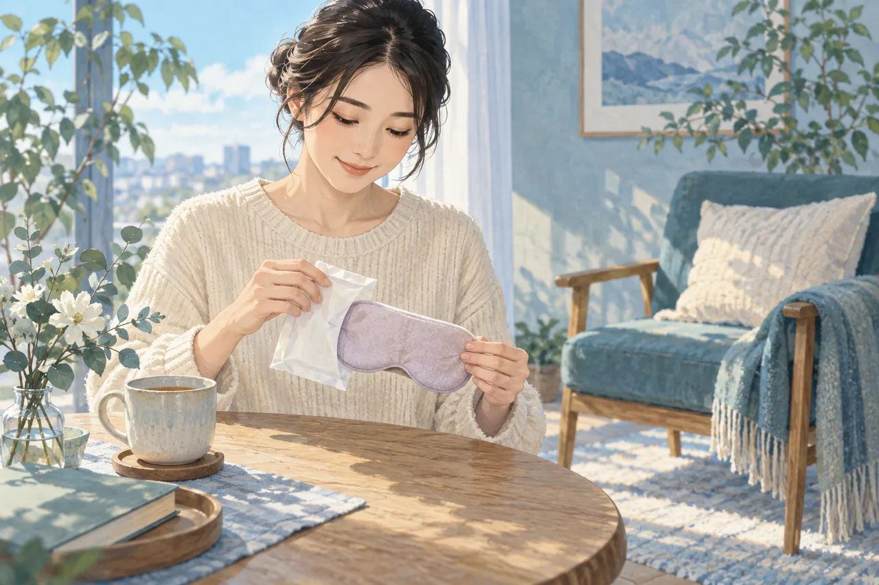 包装を外した温熱アイマスクと椅子