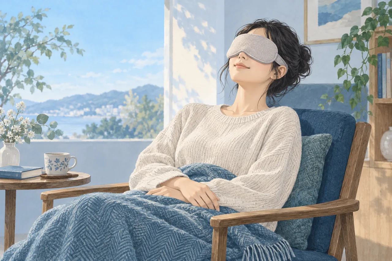 椅子で目元を温めるアイマスクを使う成人