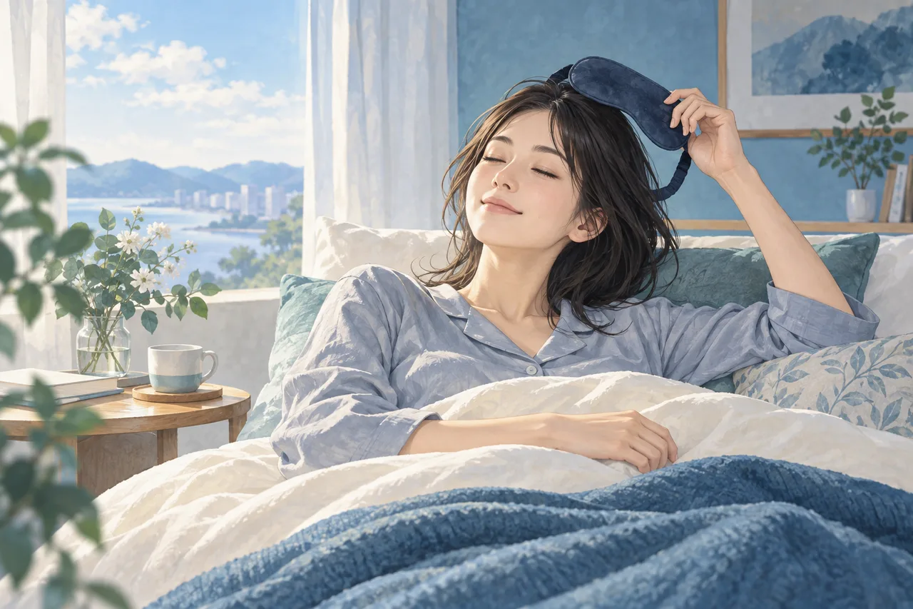 使用後にアイマスクを外して休む女性