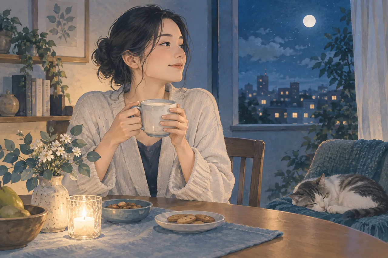 夜の食卓の温かいミルクのマグ