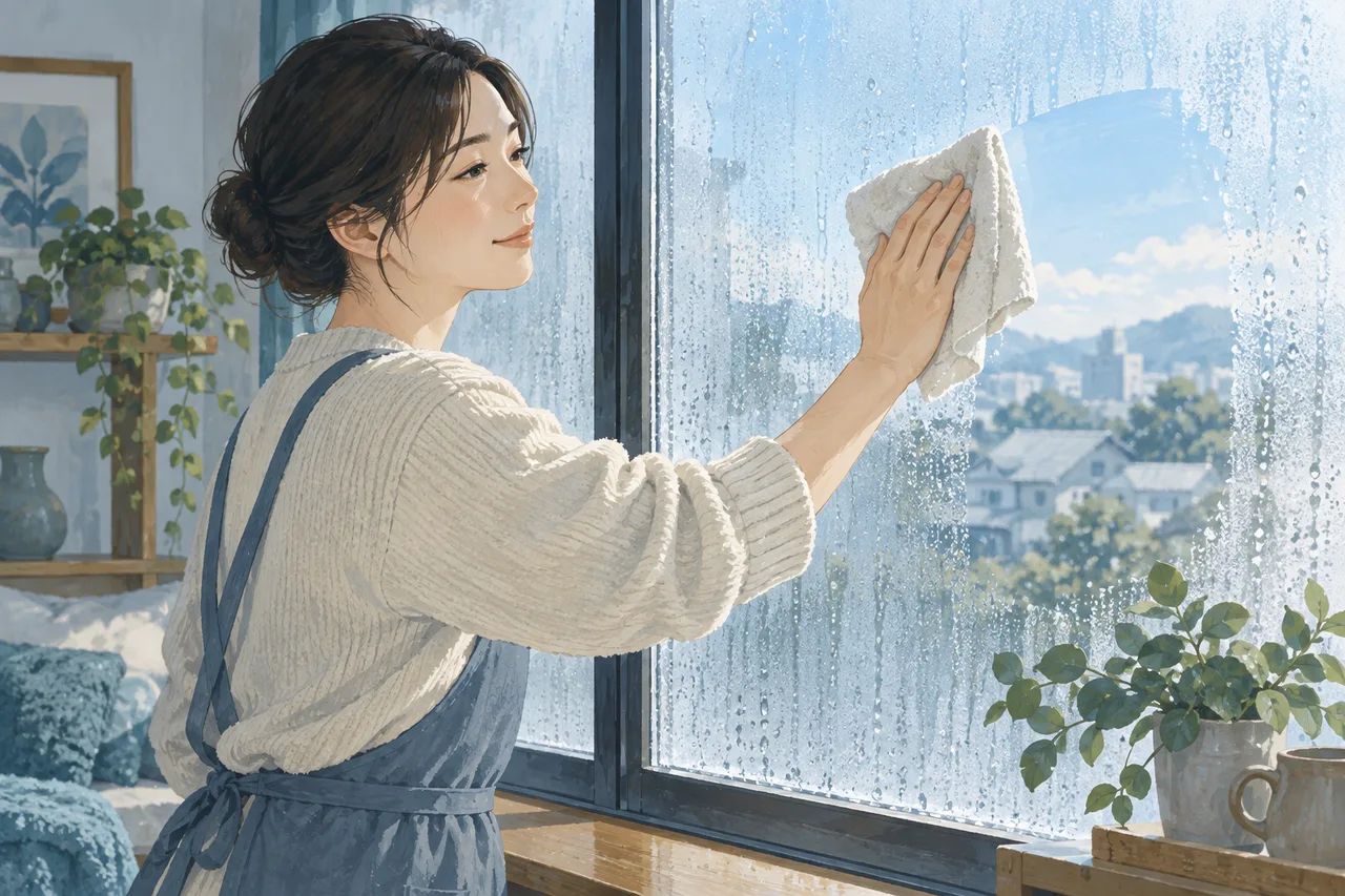 結露のある窓を布で拭く成人