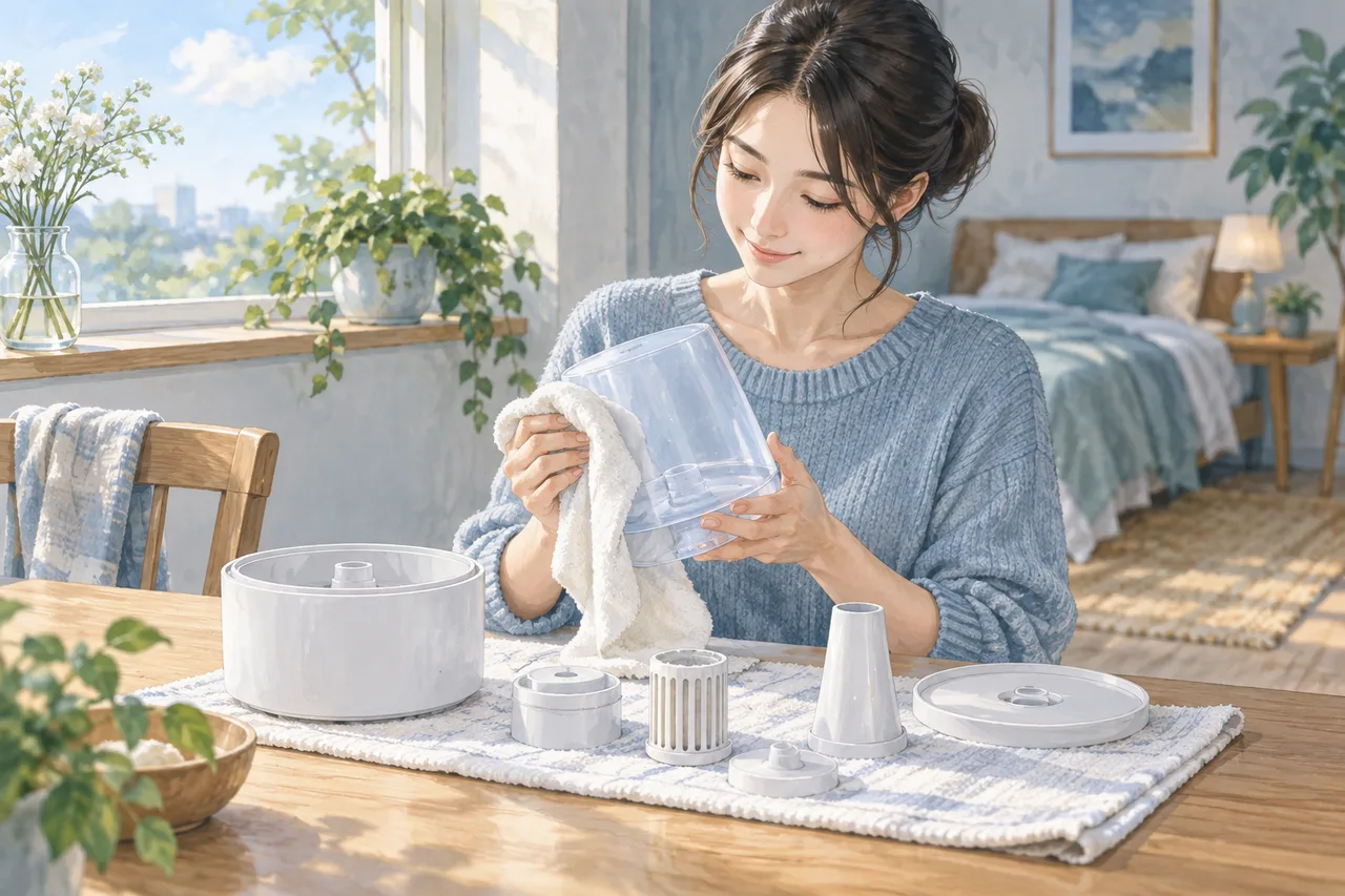 洗浄して乾燥させた加湿器の部品