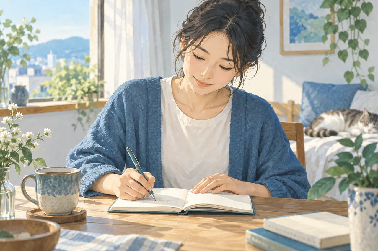 朝に生活の予定を短くメモする手元