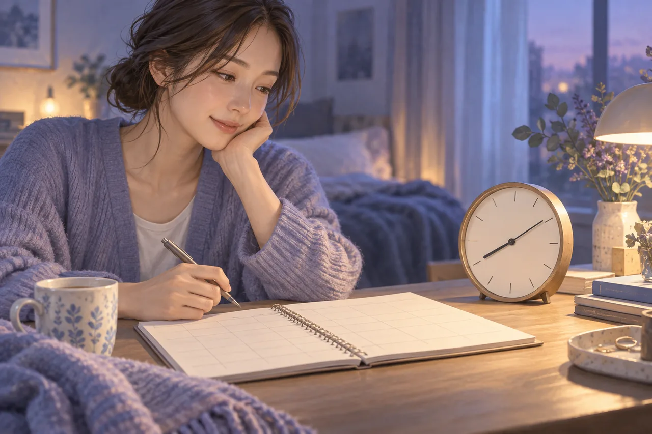 睡眠の予定を考えるノートと時計のイラスト