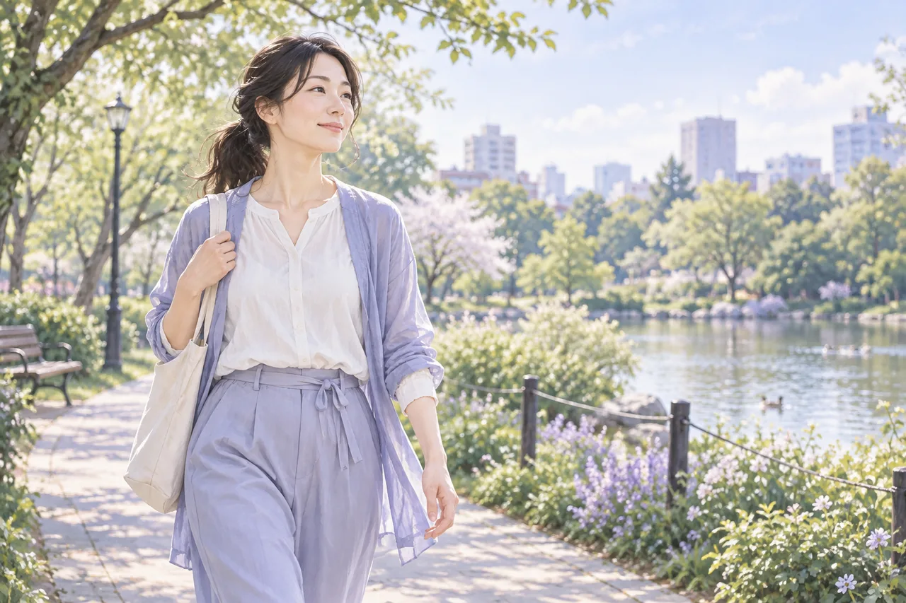 日中に公園を歩く女性のイラスト